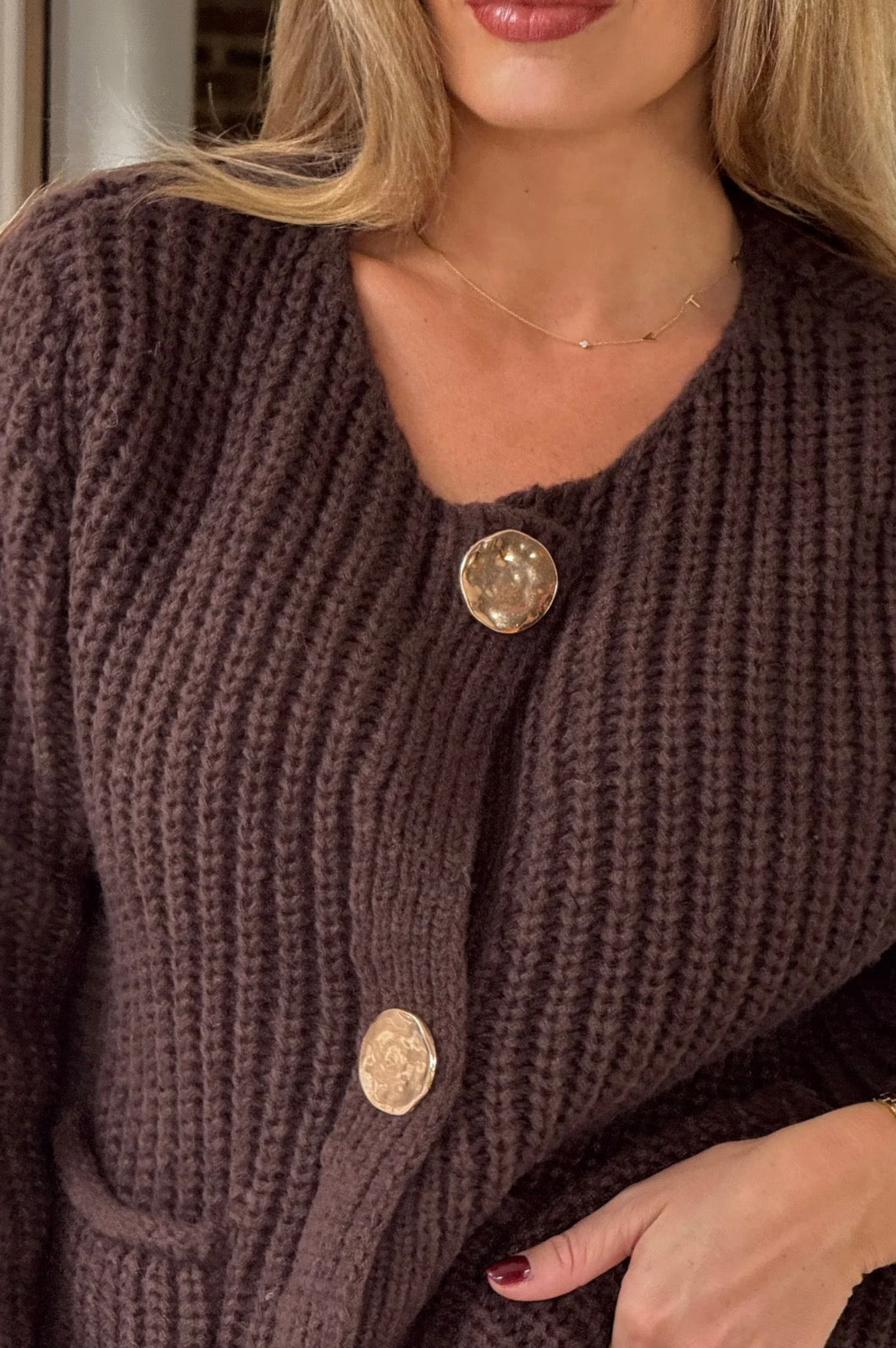 brown button sweater