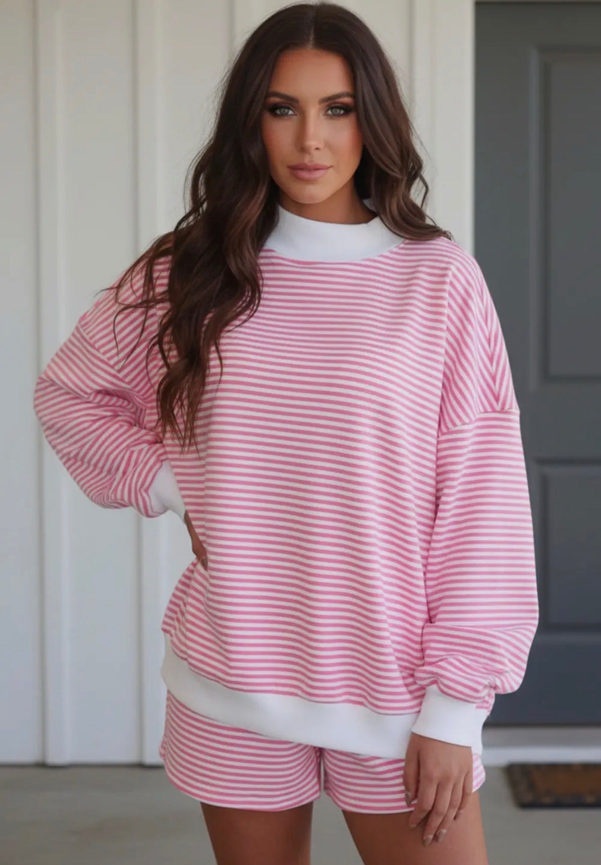 striped mock neck- set