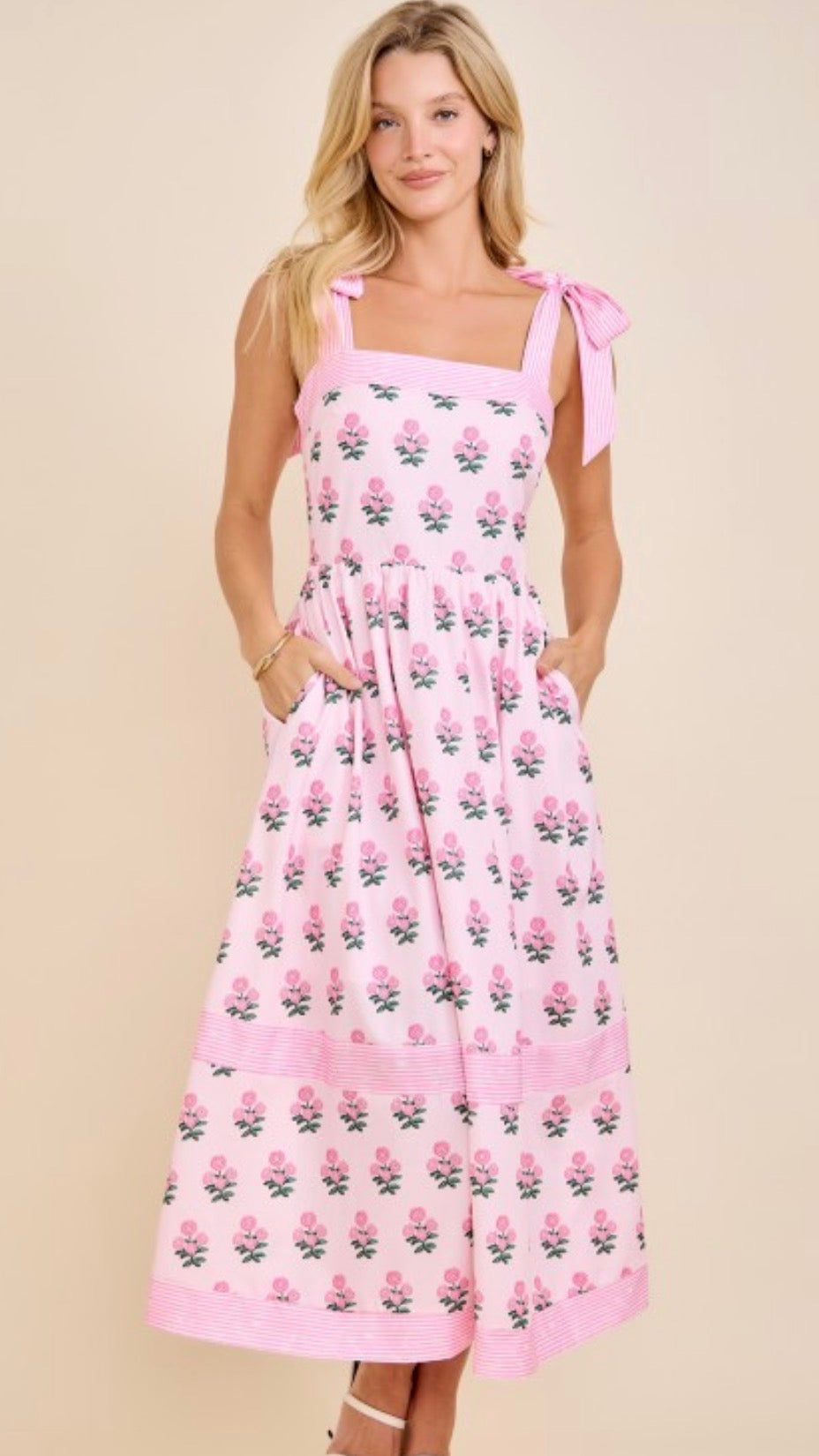 Floral Midi Dress with Tie Shoulder Straps